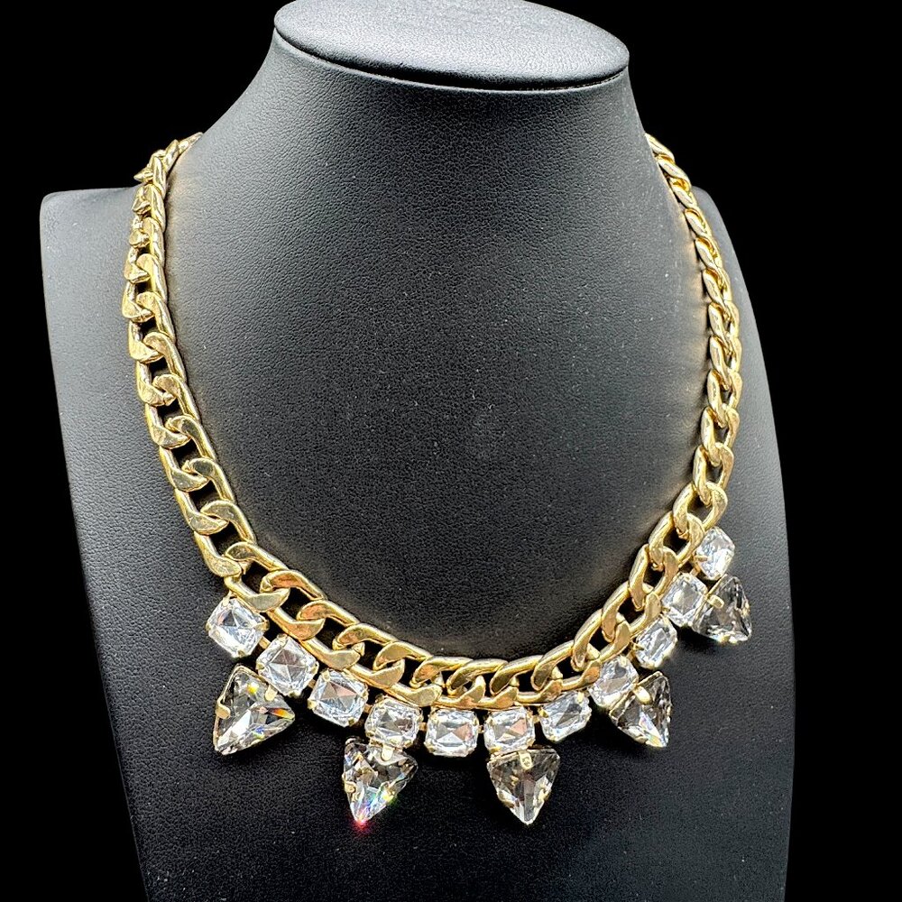 Statement Gold Tone Necklace Links Chain & Clear and Smokey Grey Glass Stones